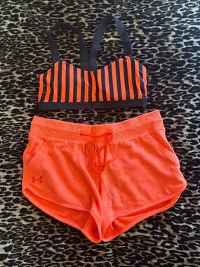 Under Armour/Lululemon Set - Navy & Neon Orange Bra w/ Neon Orange Shorts